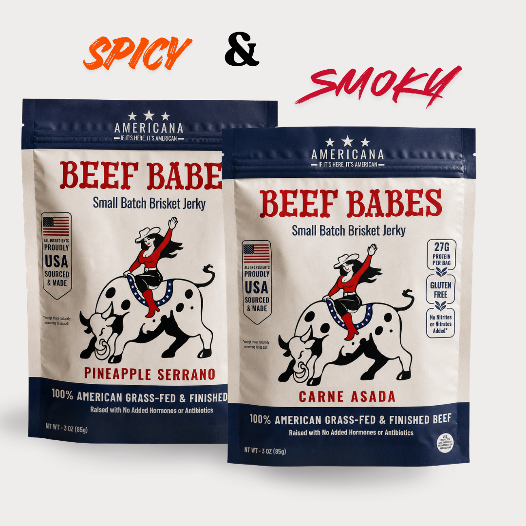 The Southwest 2-pack: Americana Beef Babes Carne Asada and Pineapple Serrano brisket jerky.