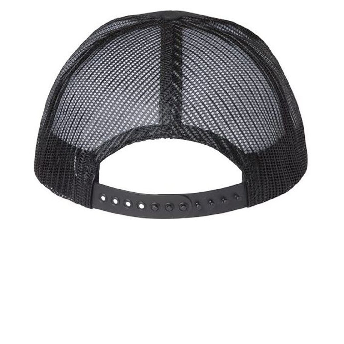 Americana black trucker hat with breathable mesh back and adjustable snapback closure, rear view.