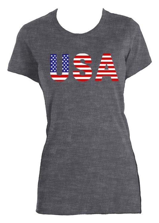 Americana charcoal heather crewneck t-shirt with a red, white, and blue USA stars and stripes graphic print.