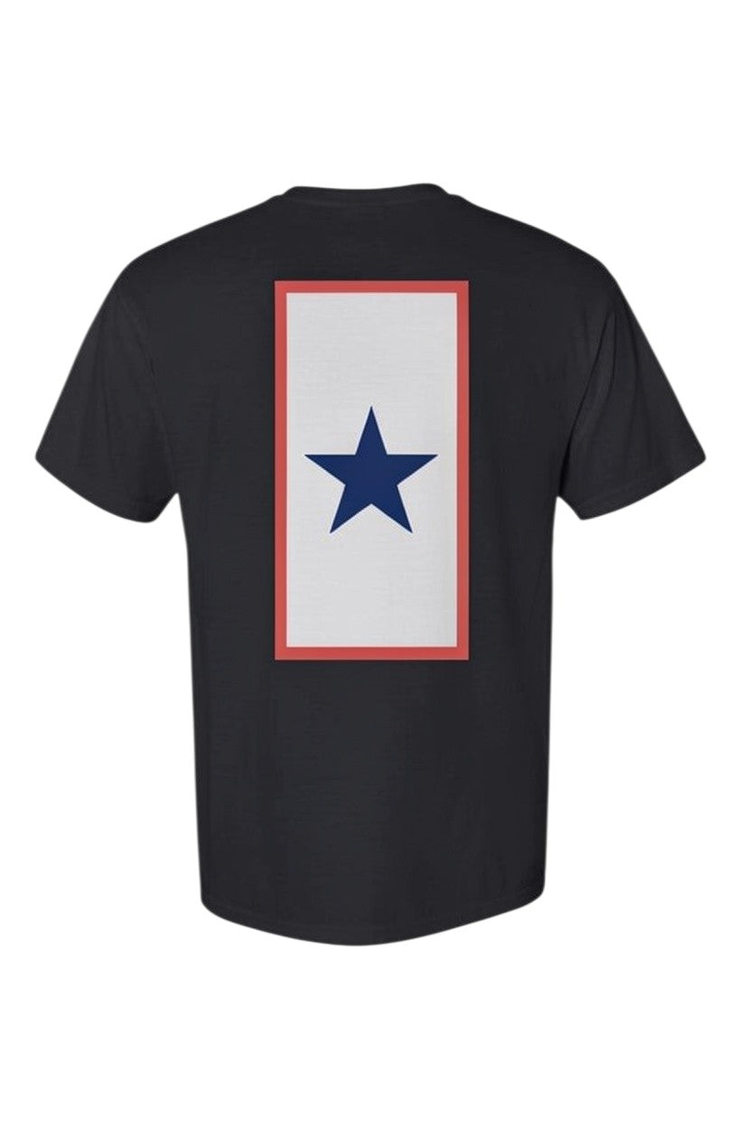 Americana ultra heavy weight black t-shirt featuring a military support blue star service flag graphic on the back