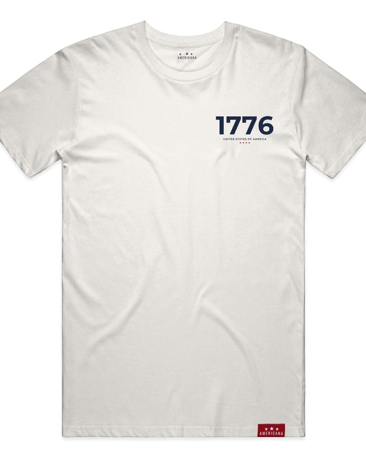 Americana off-white crewneck t-shirt with 1776 chest print and branded hem tag