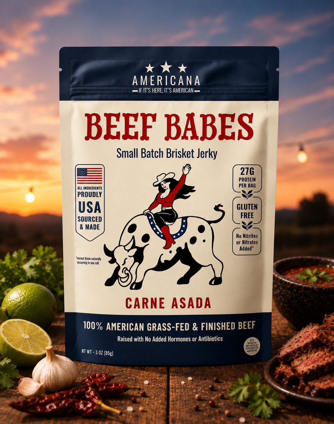 A bag of Americana Beef Babes Small Batch Brisket Jerky stands on a rustic wooden table with beef jerky slices, limes, garlic, and chili peppers around it, set against a warm sunset background.