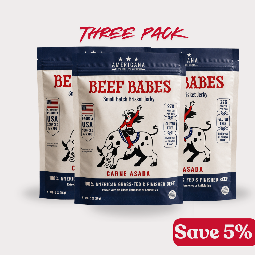 Three stand-up pouches of Americana Beef Babes Carne Asada small batch brisket jerky.