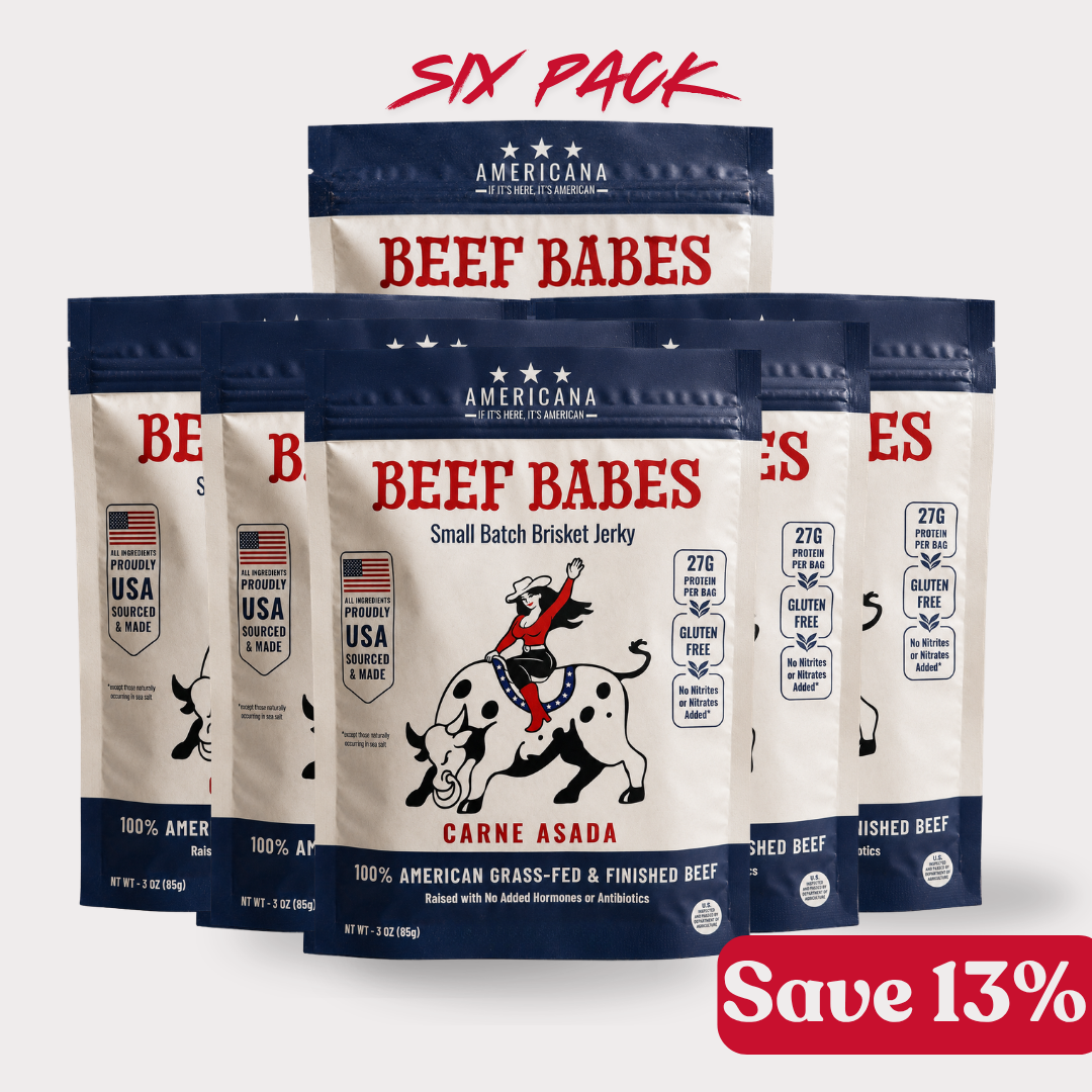 Six bags of Americana Beef Babes Carne Asada small batch brisket jerky.