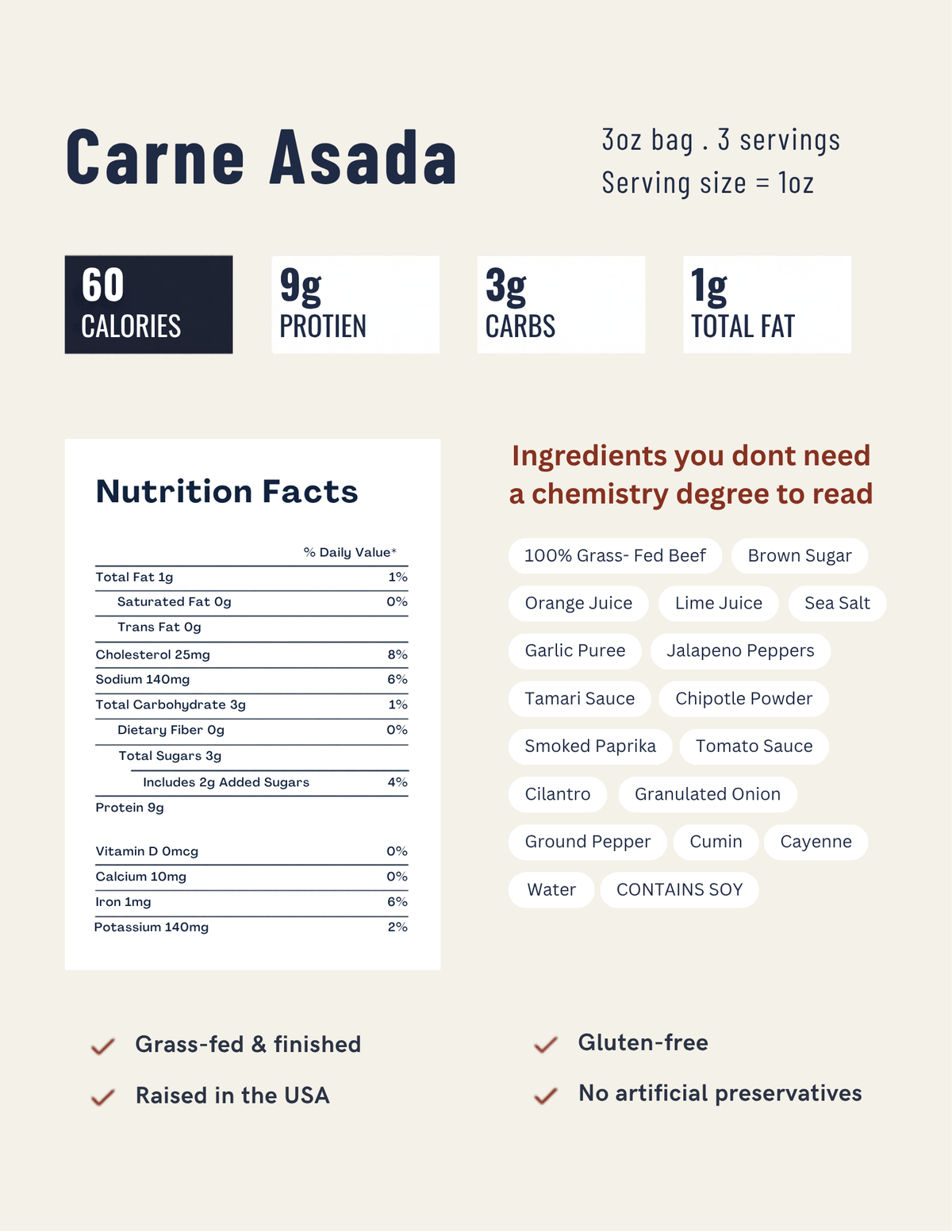 Nutrition facts and ingredients graphic for Americana Beef Babes Carne Asada brisket jerky.
