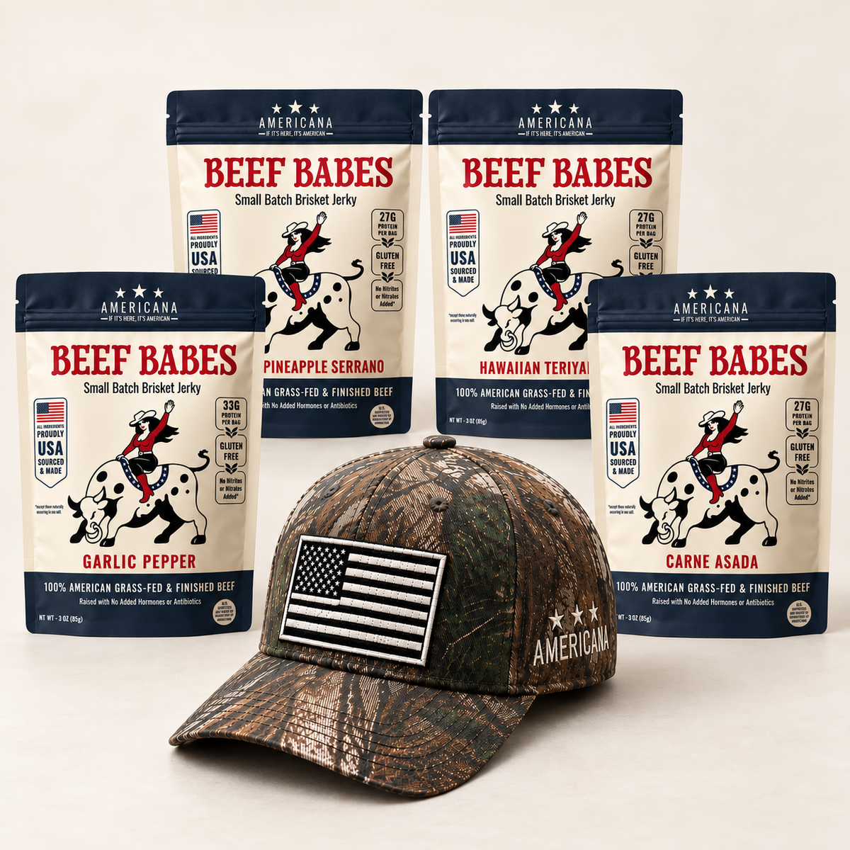 The Founding Fathers bundle: four Beef Babes jerky flavors and an Americana Founders cap.