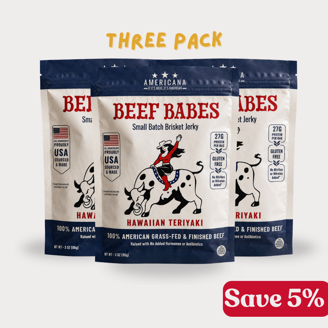 Three stand-up pouches of Americana Beef Babes Small Batch Brisket Jerky in Hawaiian Teriyaki flavor, arranged together with a yellow 'THREE PACK' text overlay at the top and a red 'Save 5%' badge at the bottom right, on a light gray background.