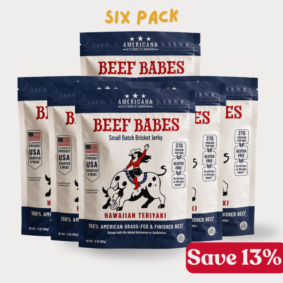 Six bags of Americana Beef Babes Hawaiian Teriyaki small batch brisket jerky.