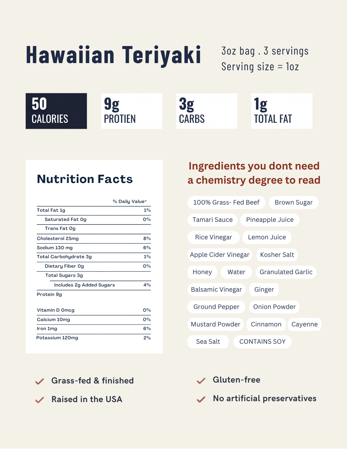 An informational product graphic for Hawaiian Teriyaki featuring a nutrition facts panel, ingredients list, and marketing claims on a light beige background.