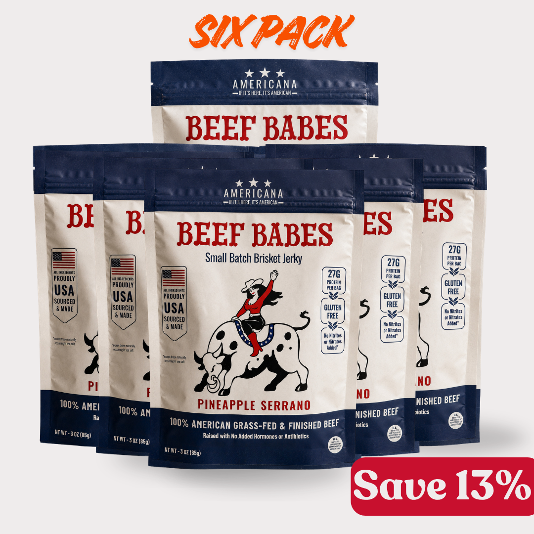 Six bags of Americana Beef Babes Pineapple Serrano small batch brisket jerky.