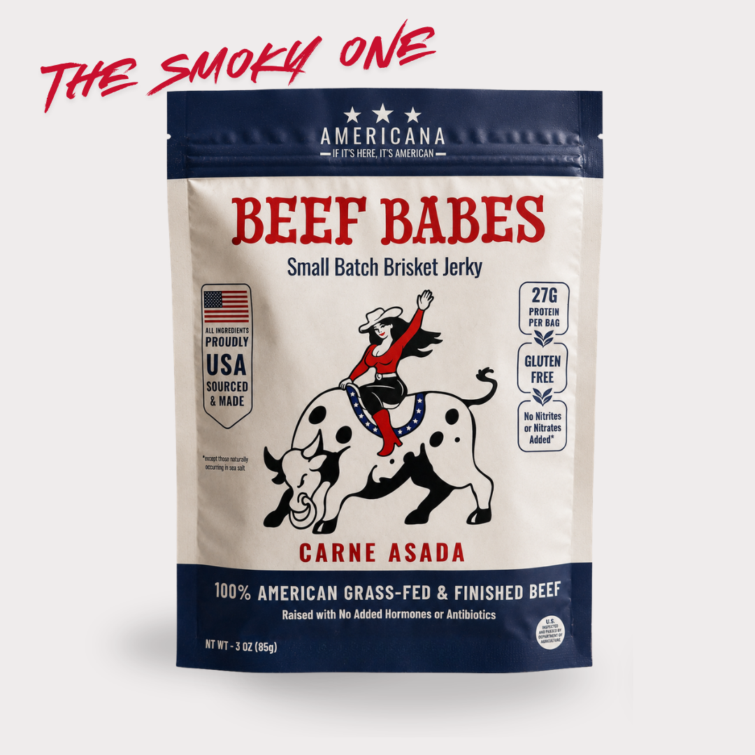 Stand-up pouch of Americana Beef Babes Carne Asada small batch brisket jerky.