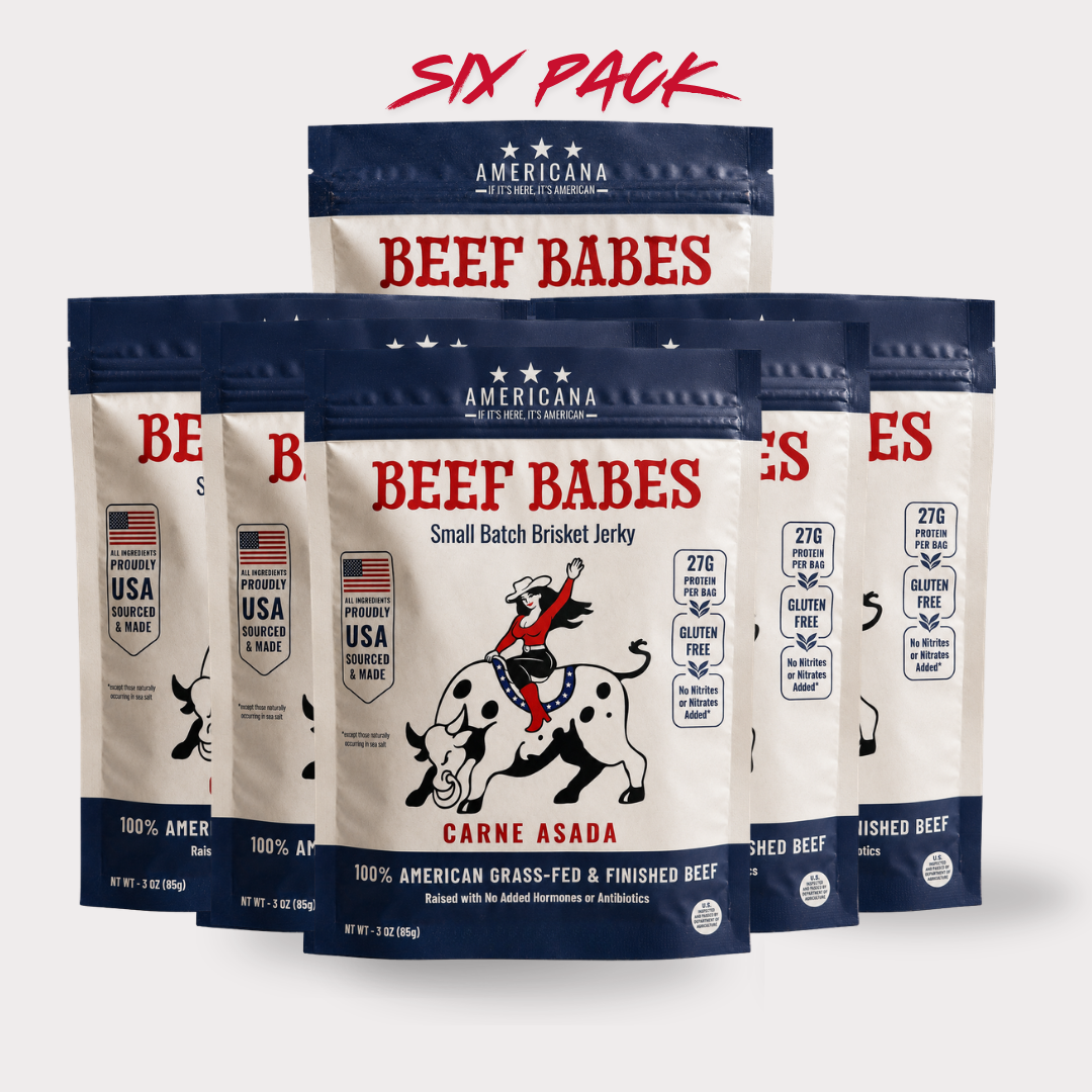 Six bags of Americana Beef Babes Carne Asada small batch brisket jerky.