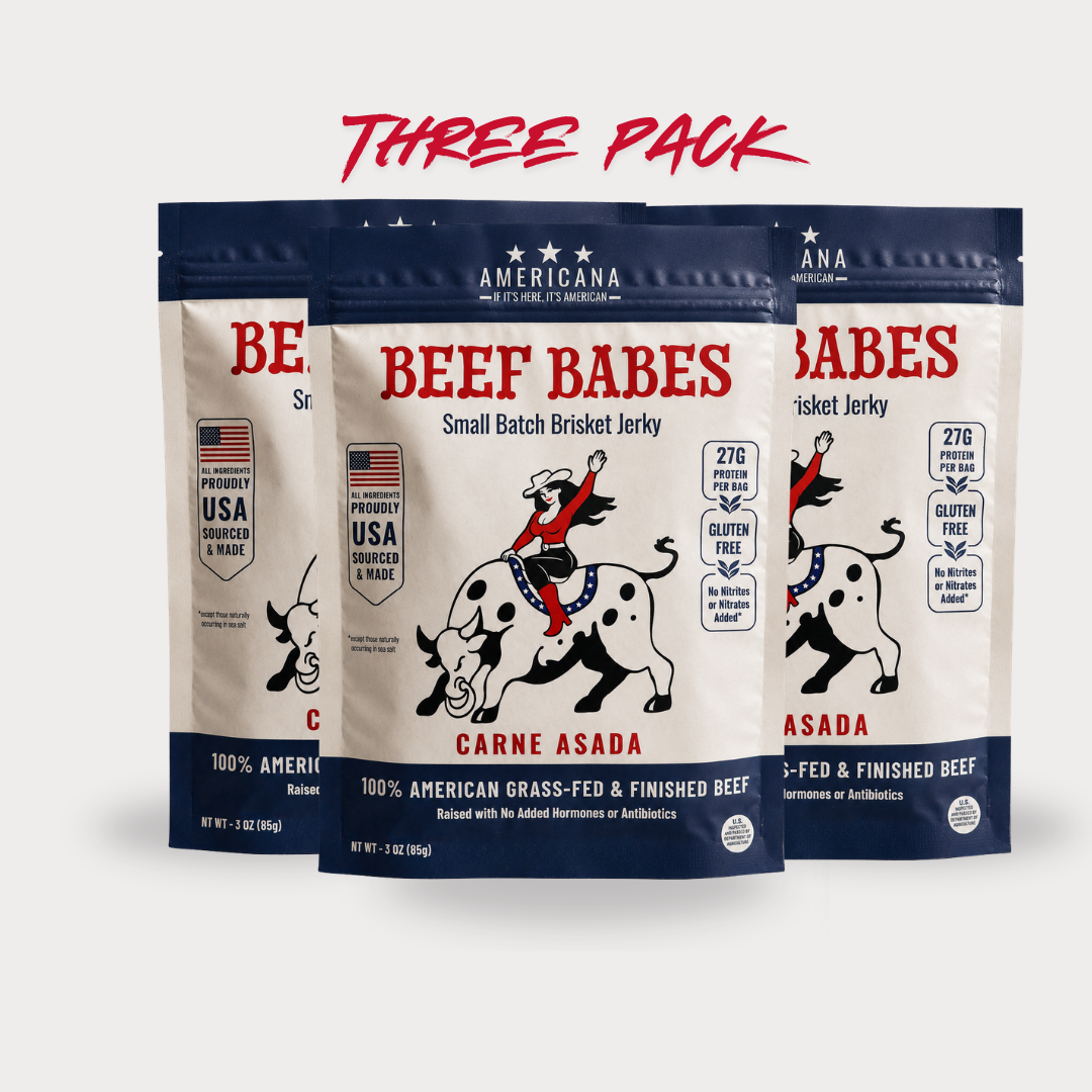 Three stand-up pouches of Americana Beef Babes Carne Asada small batch brisket jerky.