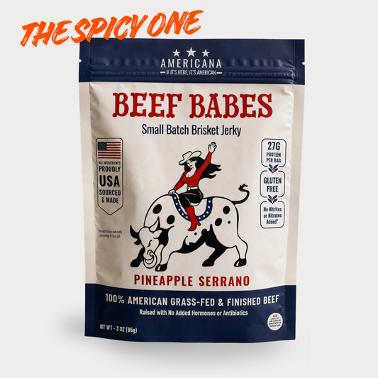 Stand-up pouch of Americana Beef Babes Pineapple Serrano small batch brisket jerky.