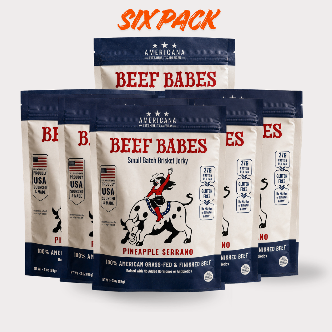 Six bags of Americana Beef Babes Pineapple Serrano small batch brisket jerky.