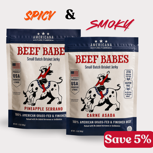 The Southwest 2-pack: Americana Beef Babes Carne Asada and Pineapple Serrano brisket jerky.