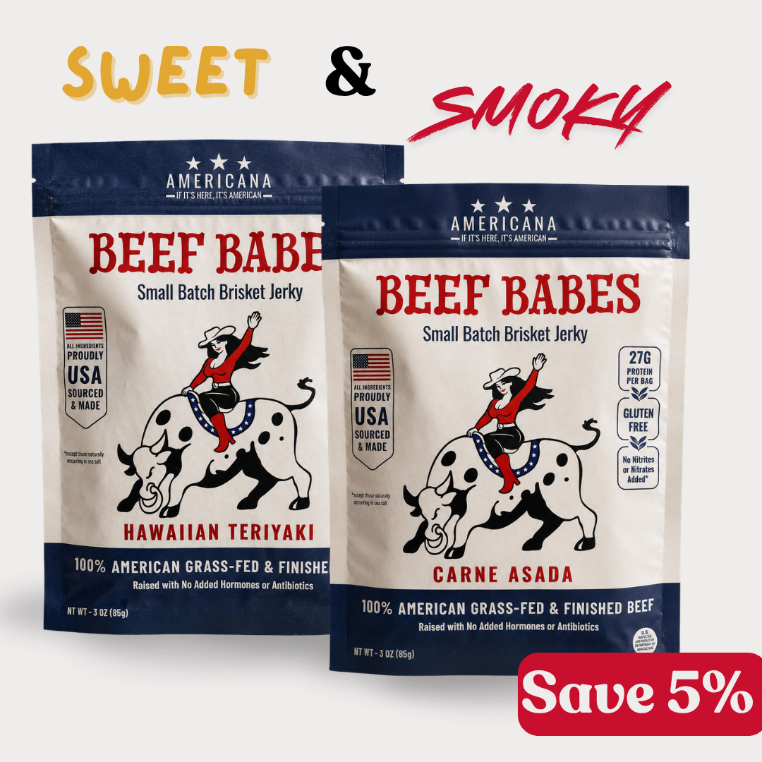 Taco & Tiki 2-pack: Americana Beef Babes Carne Asada and Hawaiian Teriyaki brisket jerky.