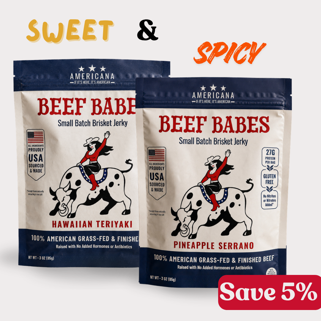 Pineapple Express 2-pack: Americana Beef Babes Hawaiian Teriyaki and Pineapple Serrano brisket jerky.