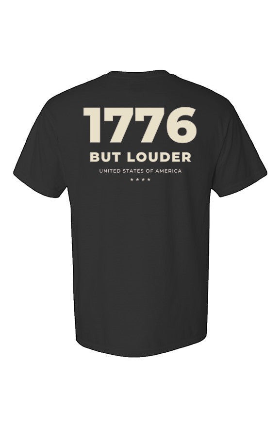 Americana black crewneck t-shirt featuring 1776 BUT LOUDER graphic on the back in cream lettering