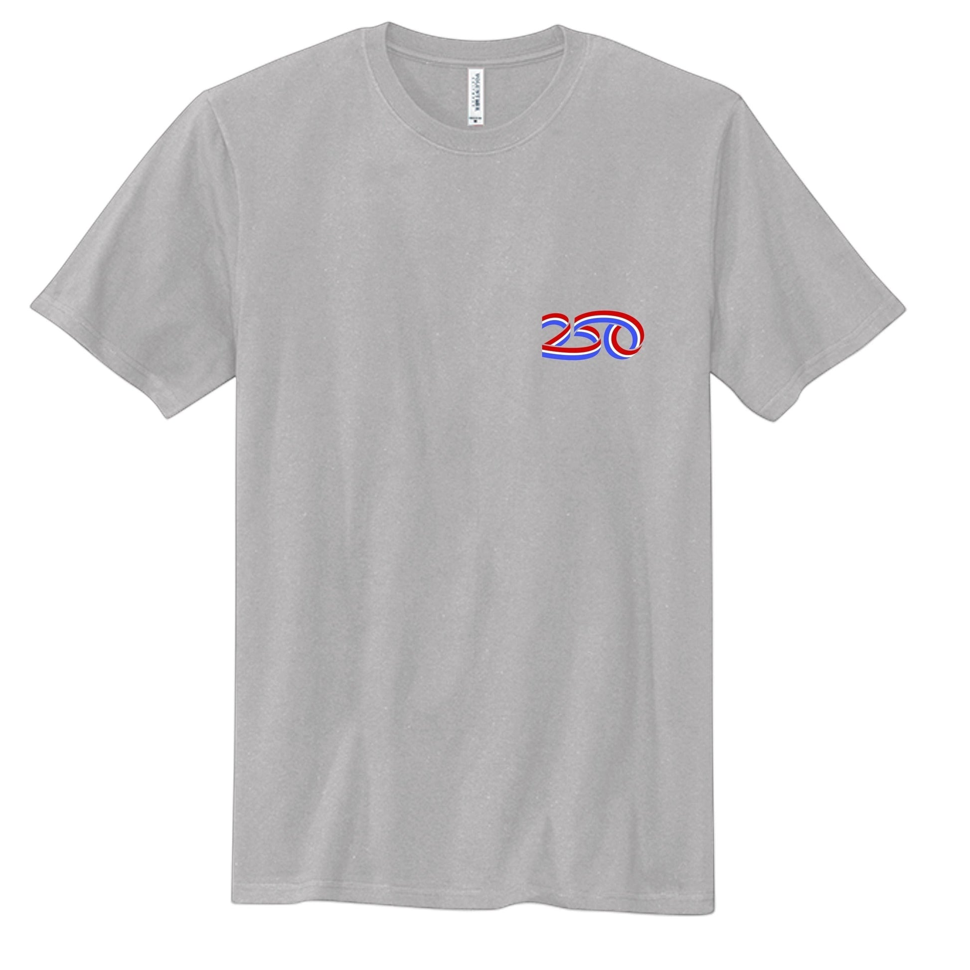 Americana 250 Bleeding Flag graphic t-shirt in athletic heather grey cotton with a crew neck and short sleeves.