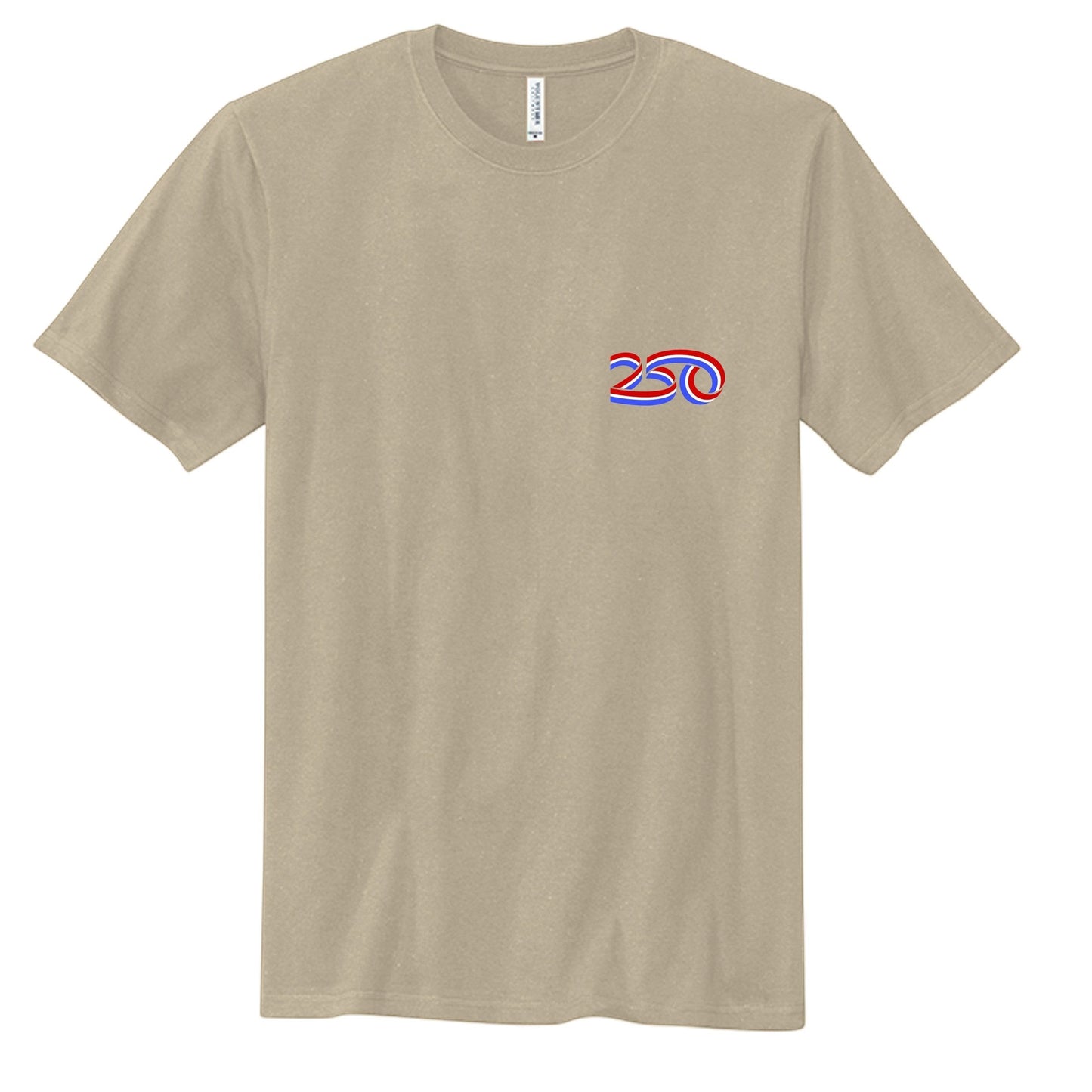 Americana 250 Bleeding Flag graphic t-shirt in tan cotton with a small red, white, and blue logo on the chest.
