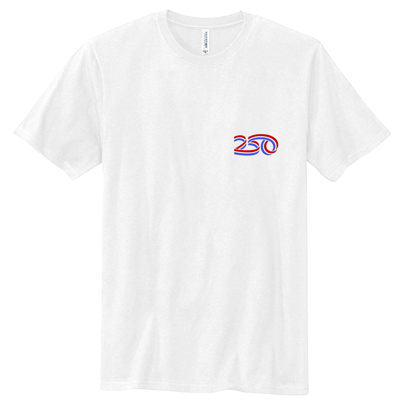 Americana 250 Bleeding Flag white cotton chore tee with red and blue graphic on the chest.
