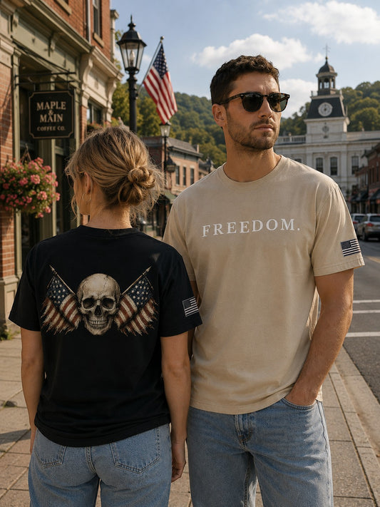 Americana AM Freedom cotton chore tees featuring skull flag back print and front text on a man and woman outdoors