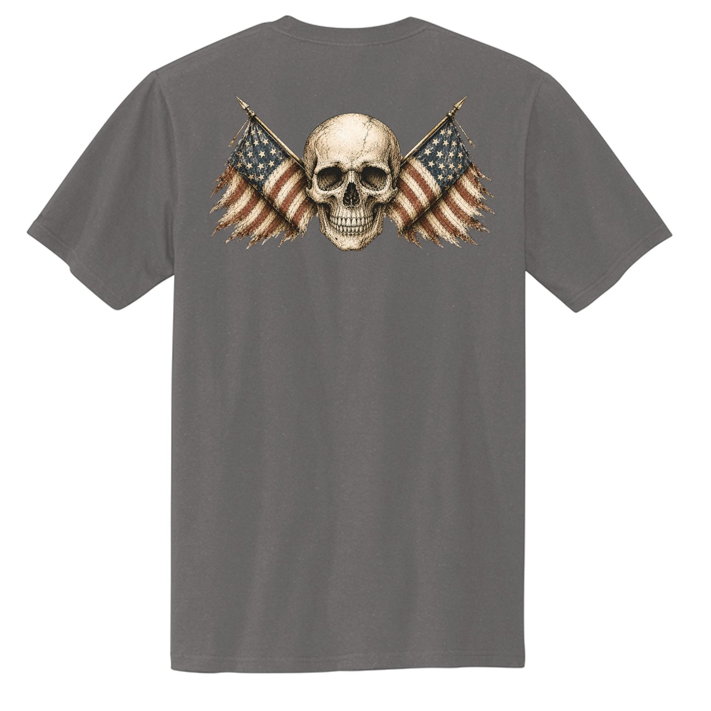 Americana AM Freedom grey cotton chore tee featuring a back graphic of a skull with two crossed American flags.