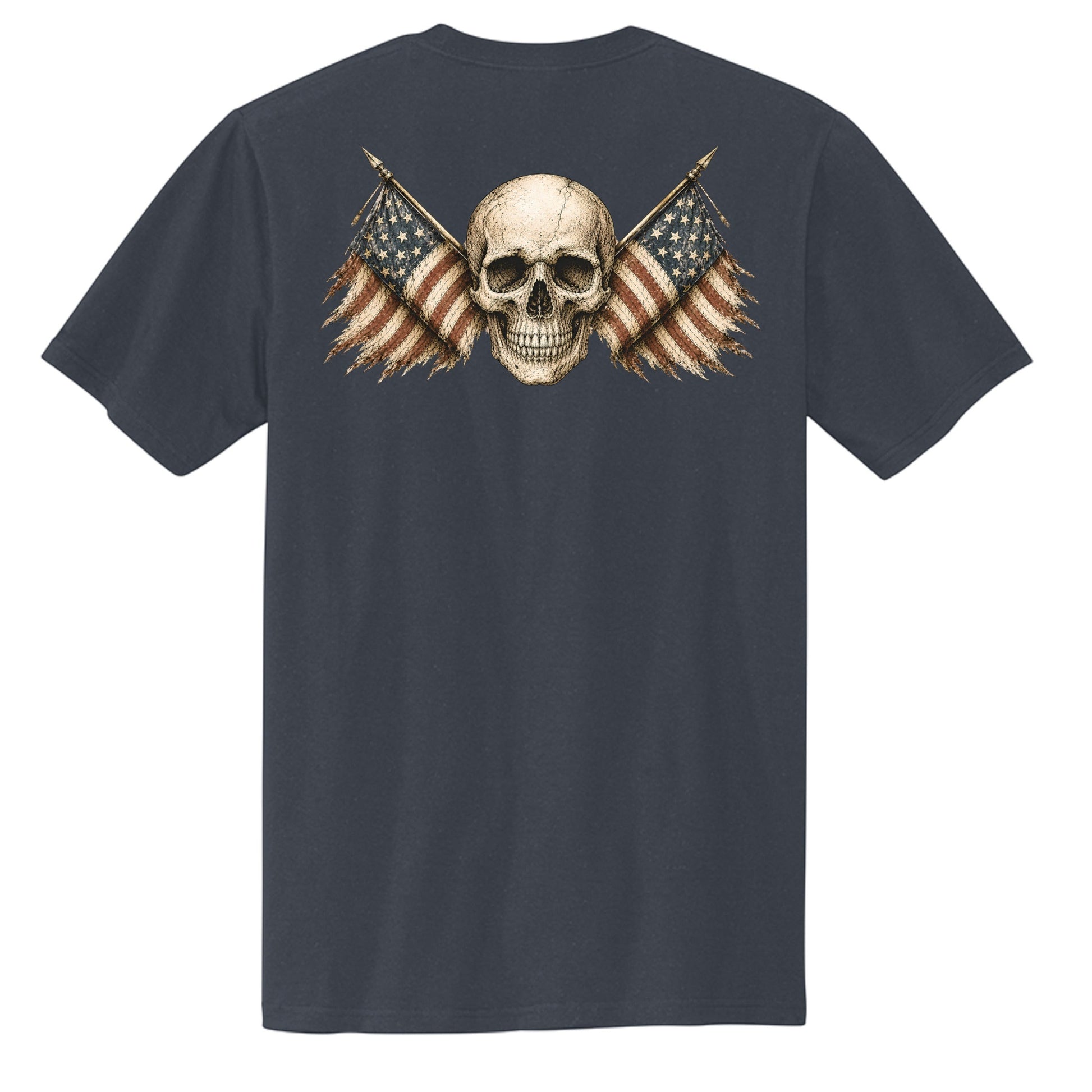 Americana AM Freedom cotton chore tee featuring a back graphic of a human skull flanked by two distressed American flags