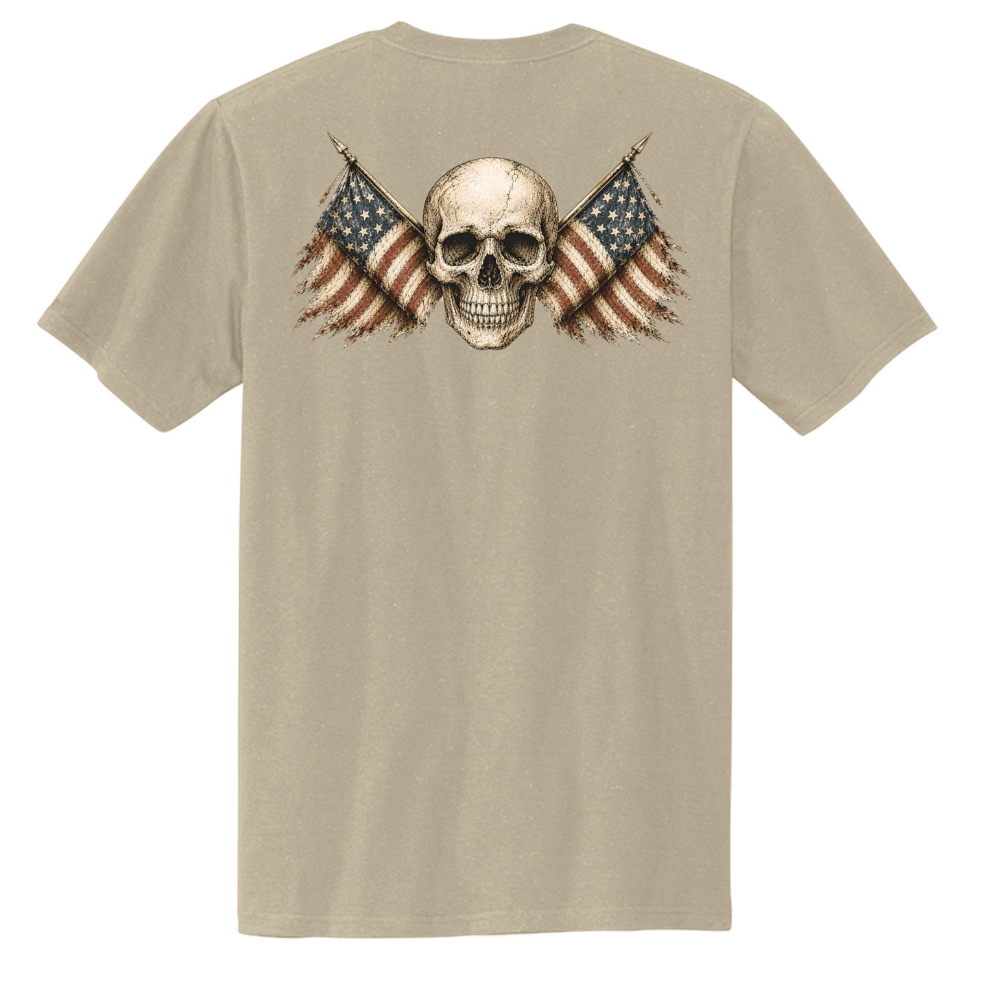 Americana AM Freedom chore tee in tan featuring a back graphic of a skull with two crossed American flags.