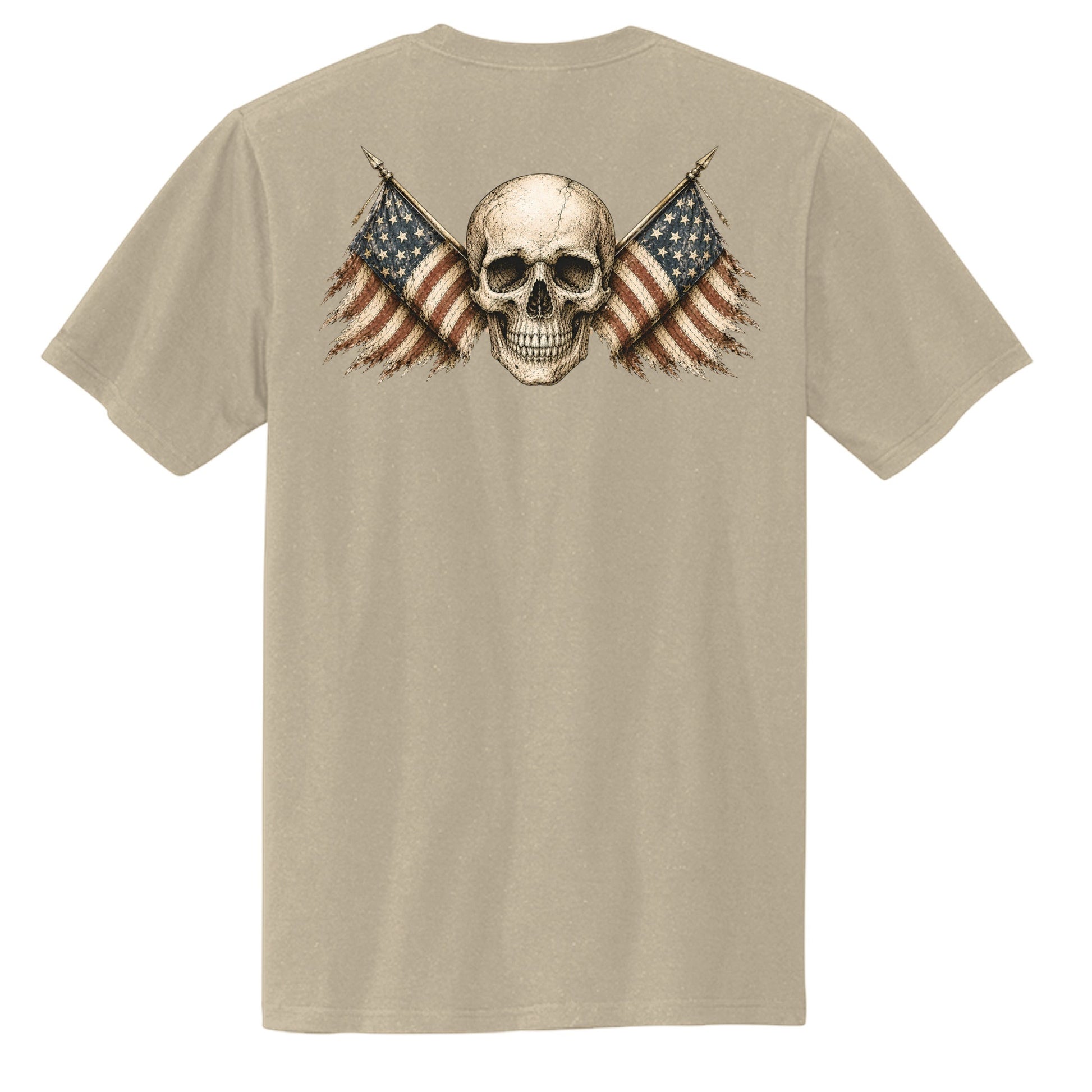 Americana AM Freedom chore tee in tan featuring a back graphic of a skull with two crossed American flags.