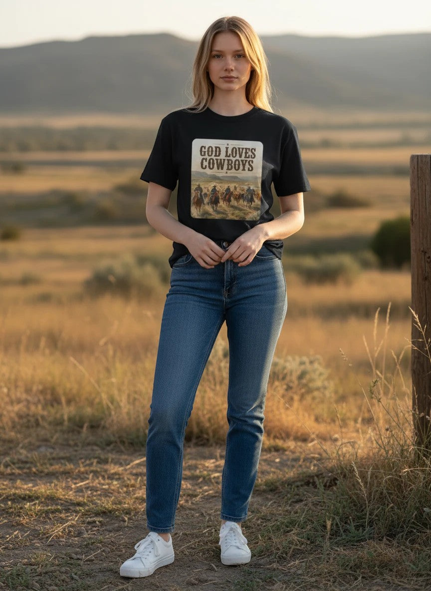 Americana God Loves Cowboys graphic crewneck t-shirt in black worn by a woman with blue jeans in a field