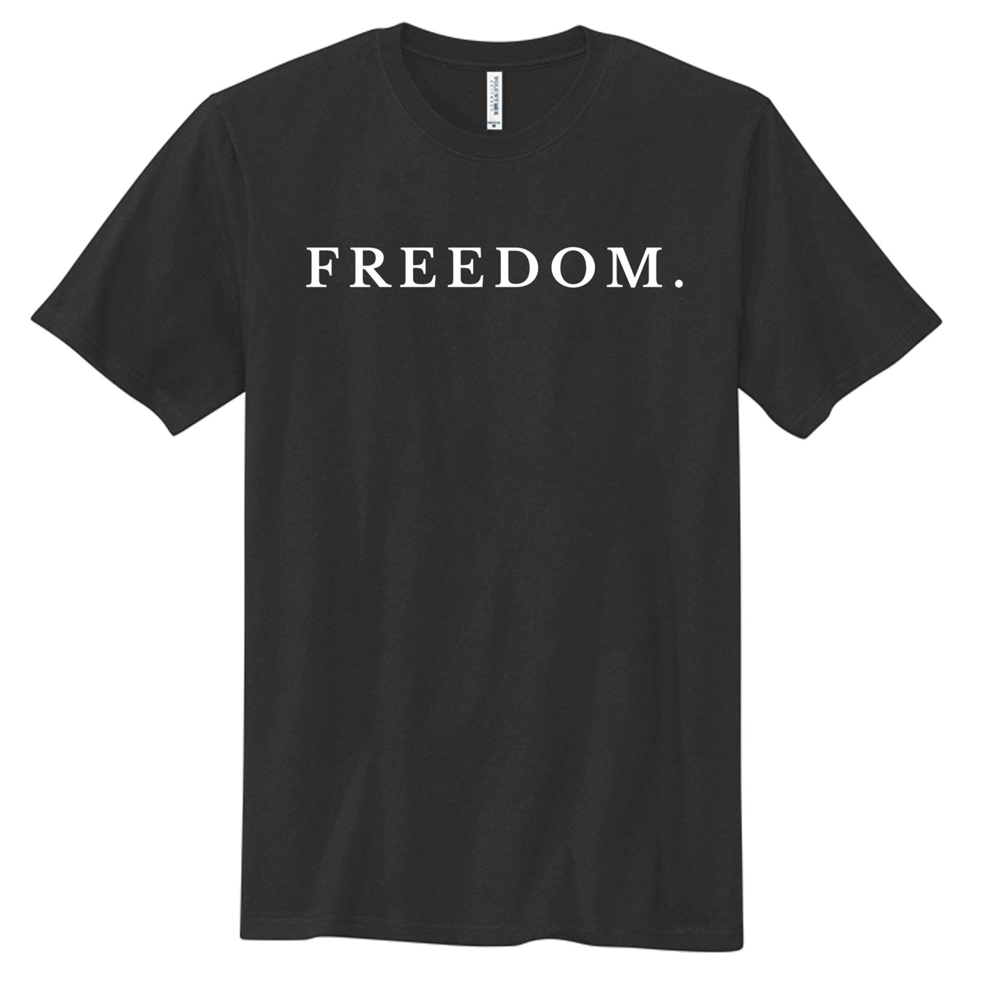 Americana black cotton crew neck t-shirt with white FREEDOM text graphic on the chest