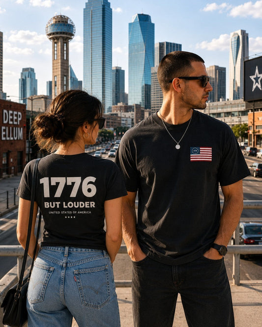 Americana black crewneck t-shirts with 1776 But Louder back graphic and American flag chest print on models in city