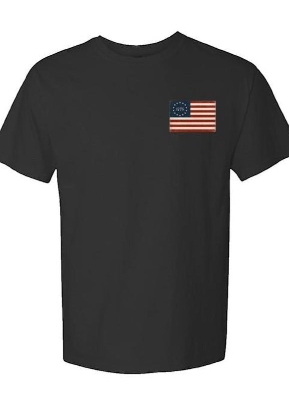 Americana black crewneck t-shirt featuring a distressed 13-star American flag graphic on the chest.
