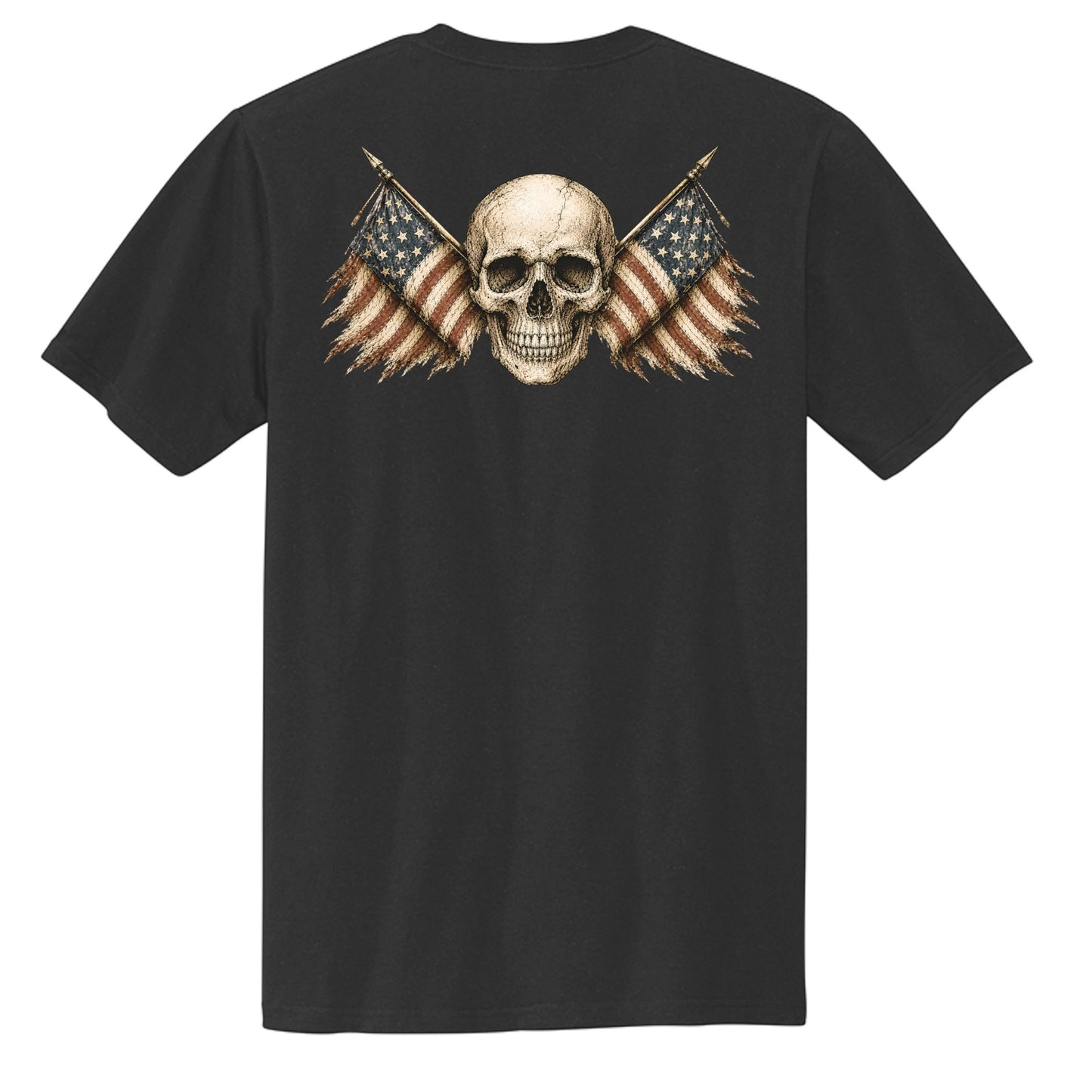 Americana AM Freedom black cotton t-shirt featuring a back graphic of a skull with two distressed American flags.