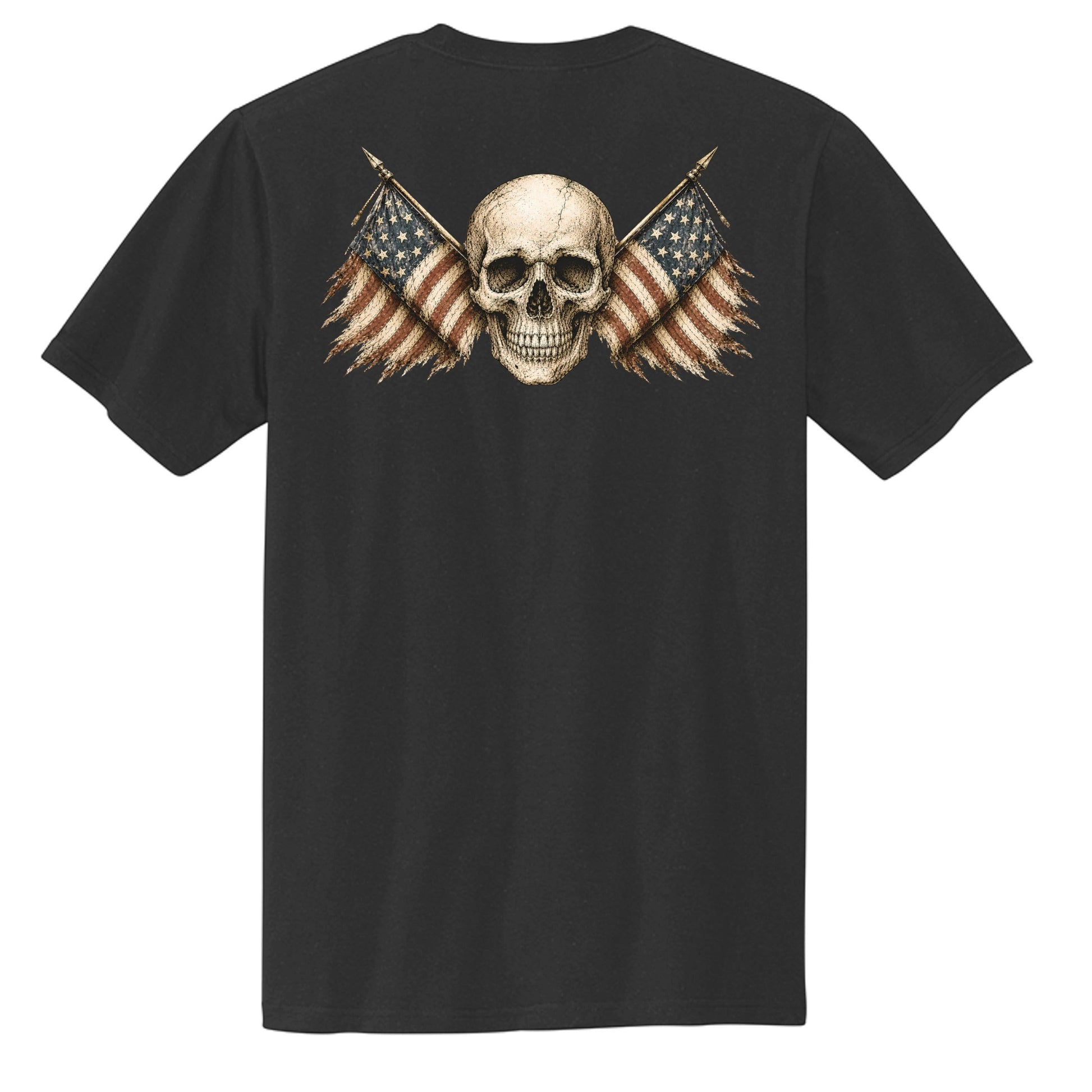 Americana AM Freedom black cotton t-shirt featuring a back graphic of a skull with two distressed American flags.