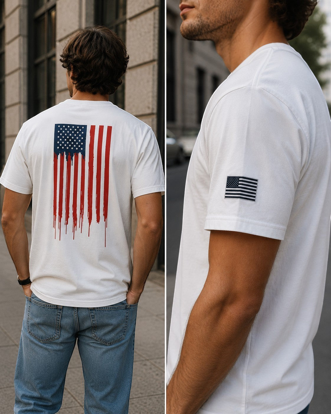 Americana white cotton t-shirt featuring a red, white, and blue bleeding American flag graphic on the back and sleeve