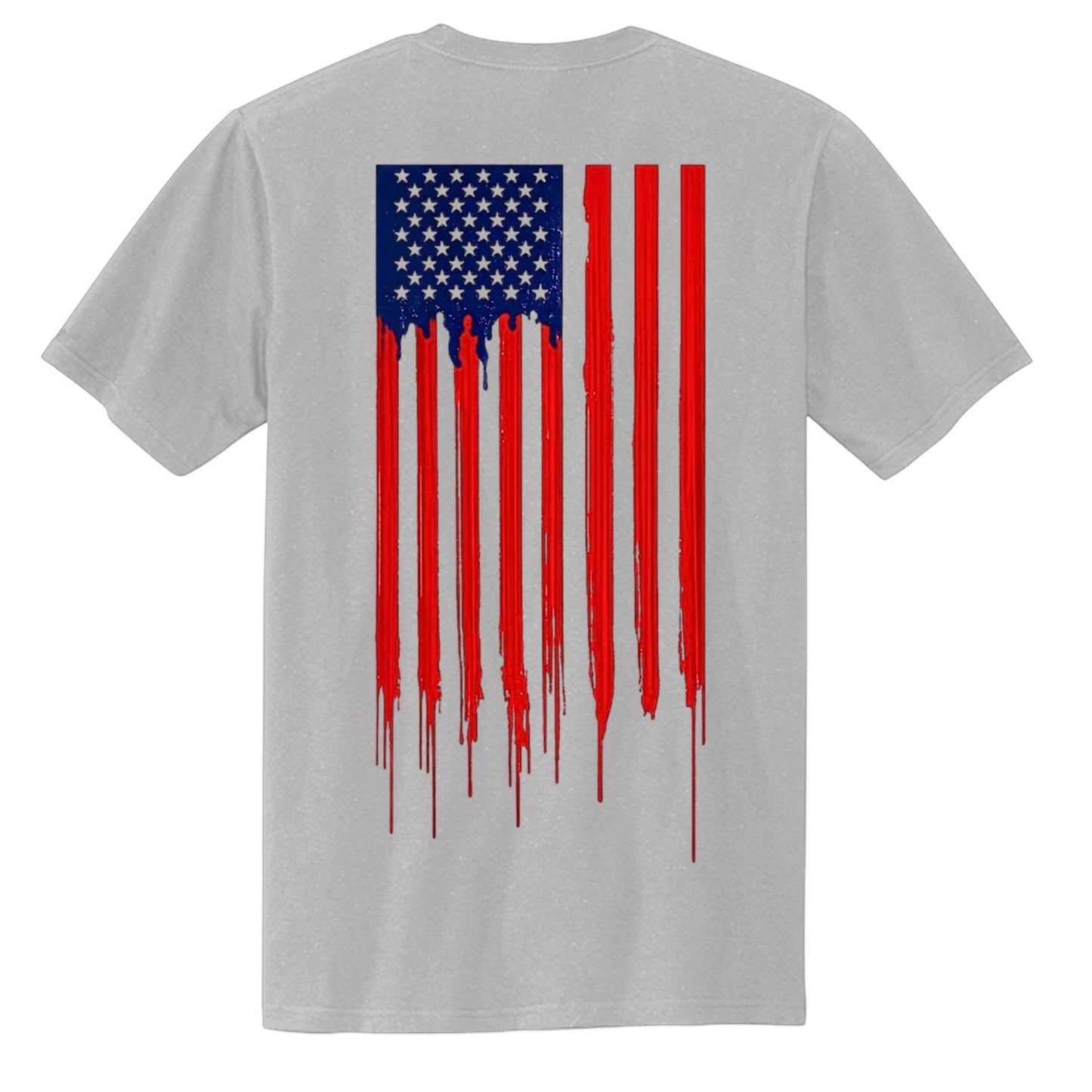 Americana 250 Bleeding Flag T-shirt in athletic heather grey cotton with a red, white, and blue dripping flag graphic.