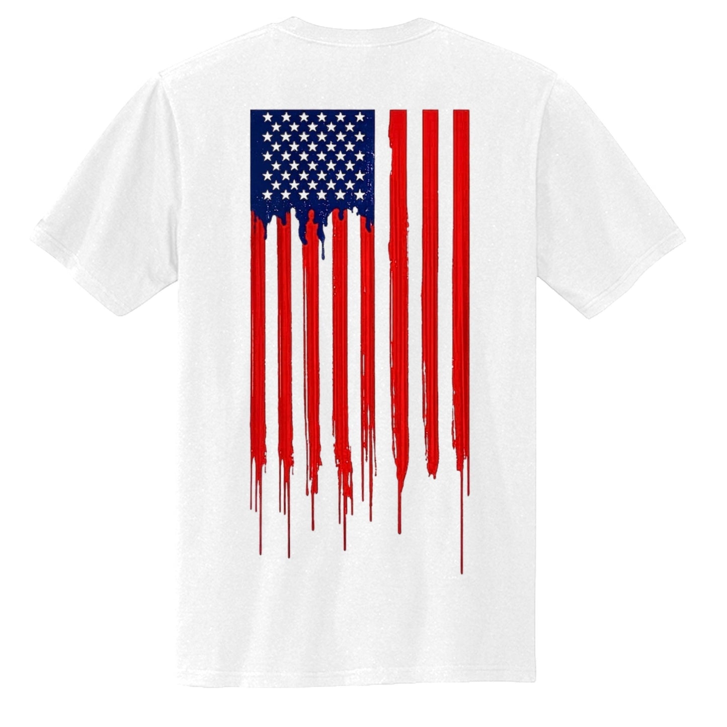 Americana white cotton t-shirt featuring a red, white, and blue bleeding American flag graphic on the back