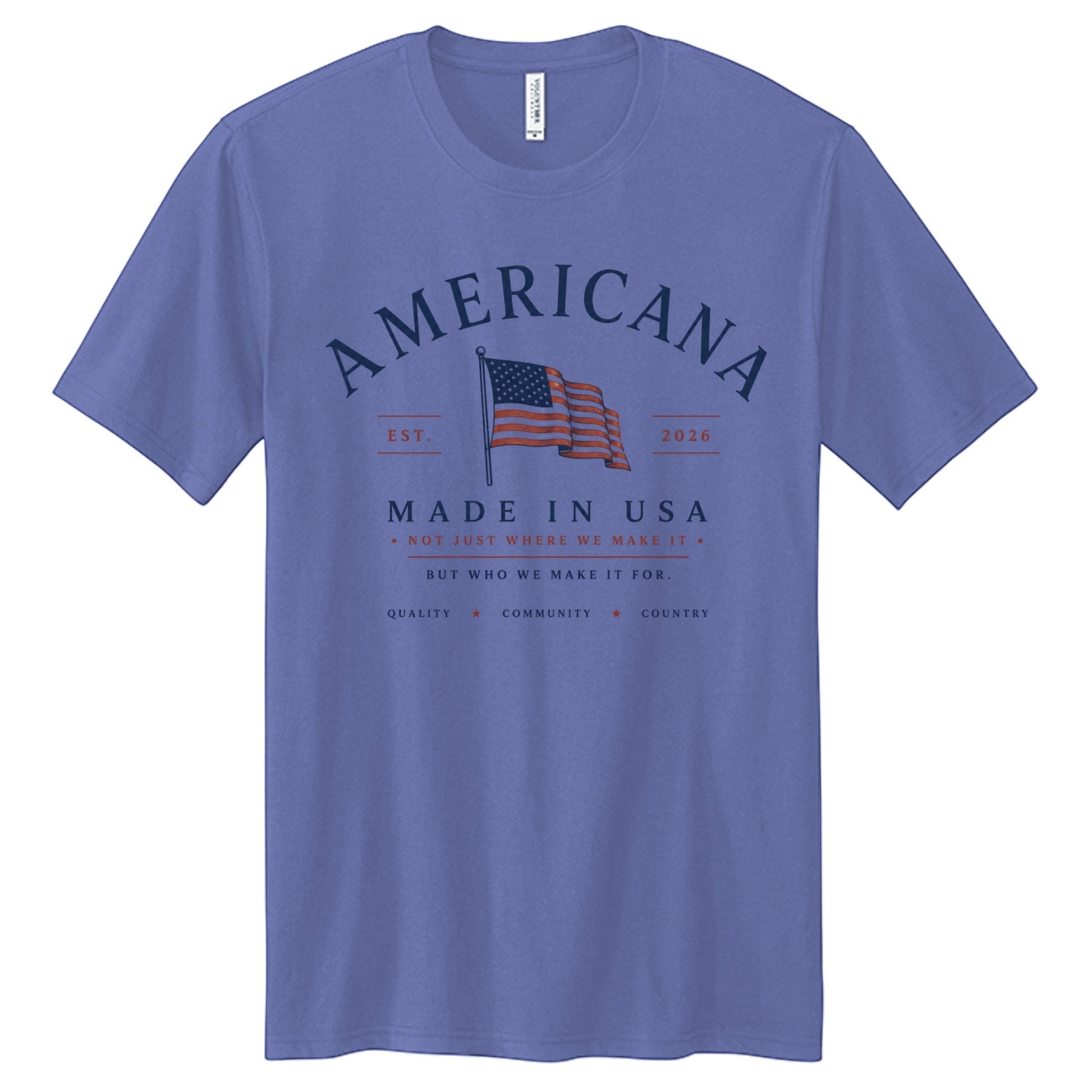 Americana blue tri-blend t-shirt with American flag graphic and Made in USA text on the chest