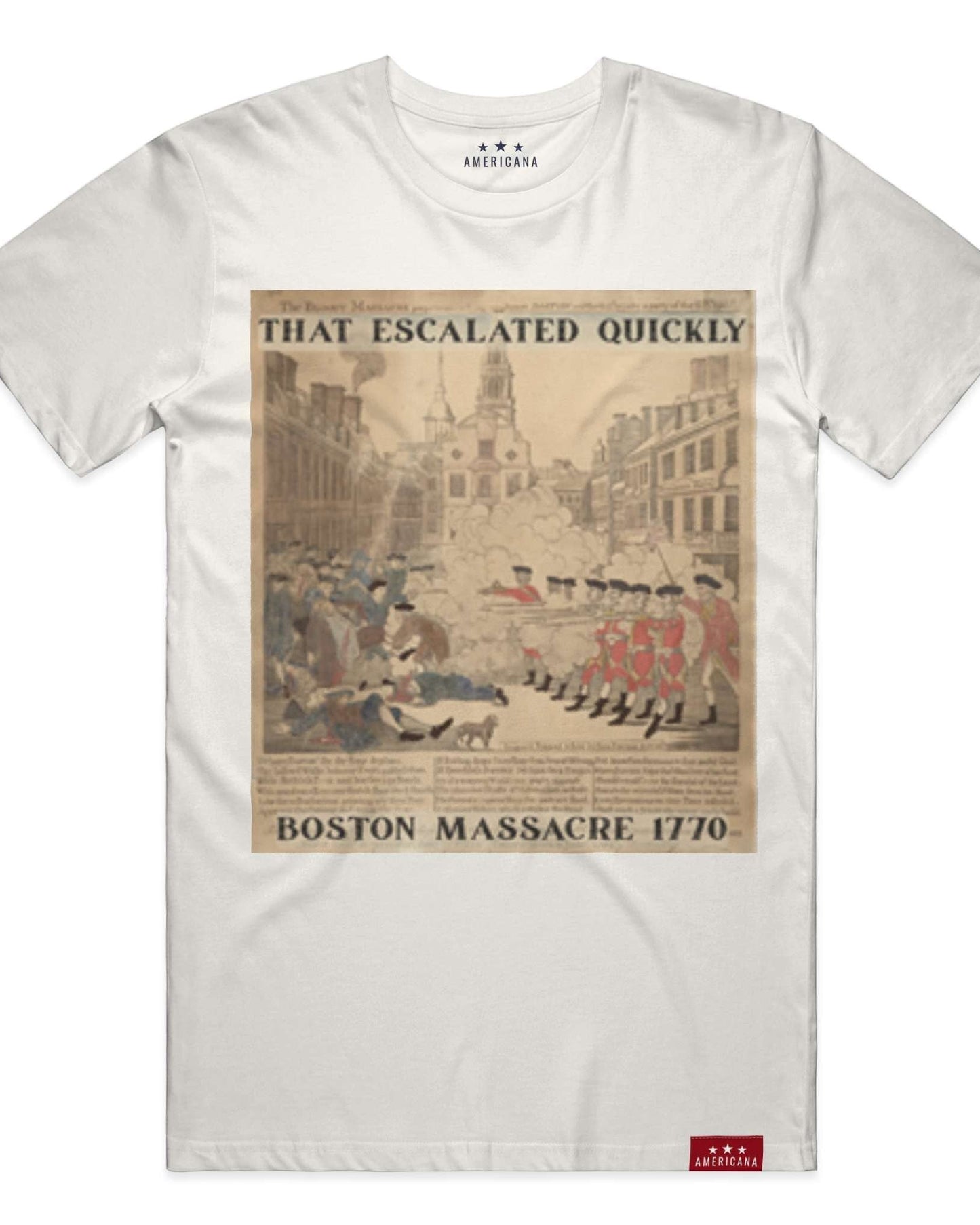 Americana crewneck t-shirt in off-white featuring a vintage Boston Massacre historical graphic print on the front