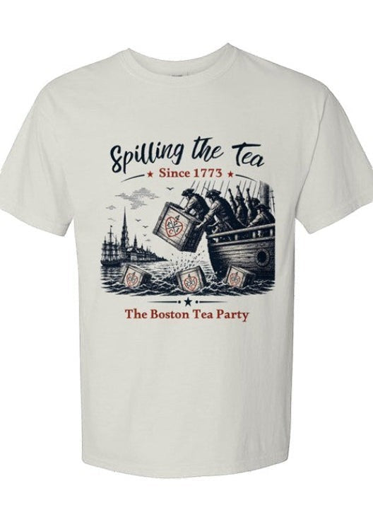 Americana off-white cotton crewneck t-shirt featuring a vintage Boston Tea Party graphic and Spilling the Tea text.