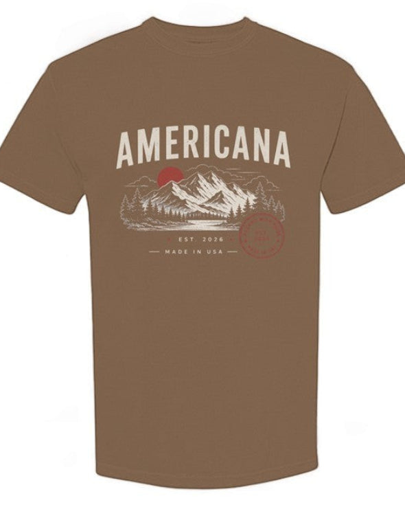 Americana garment-dyed heavy cotton t-shirt in brown with a mountain landscape graphic print