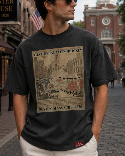 Americana charcoal grey crewneck t-shirt featuring a vintage Boston Massacre graphic print on a man in a city street.