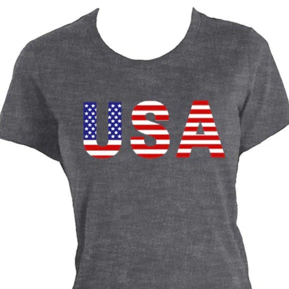 Americana charcoal heather crewneck t-shirt with a bold USA graphic featuring stars and stripes print.