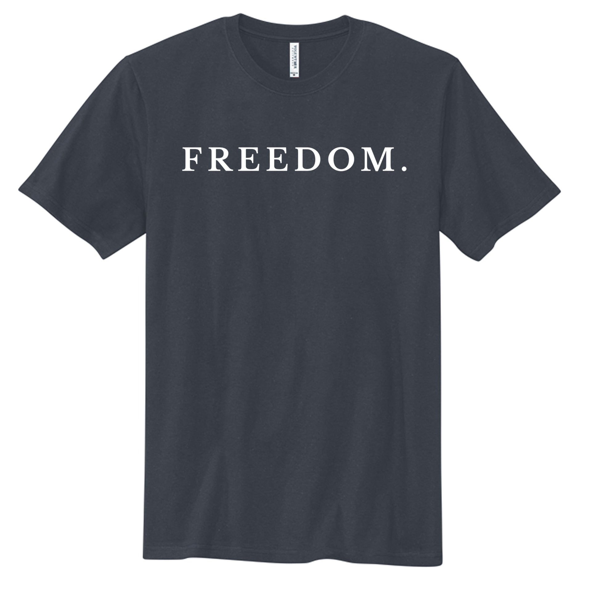 Americana AM Freedom charcoal grey ring-spun cotton crew neck t-shirt with white Freedom text print.