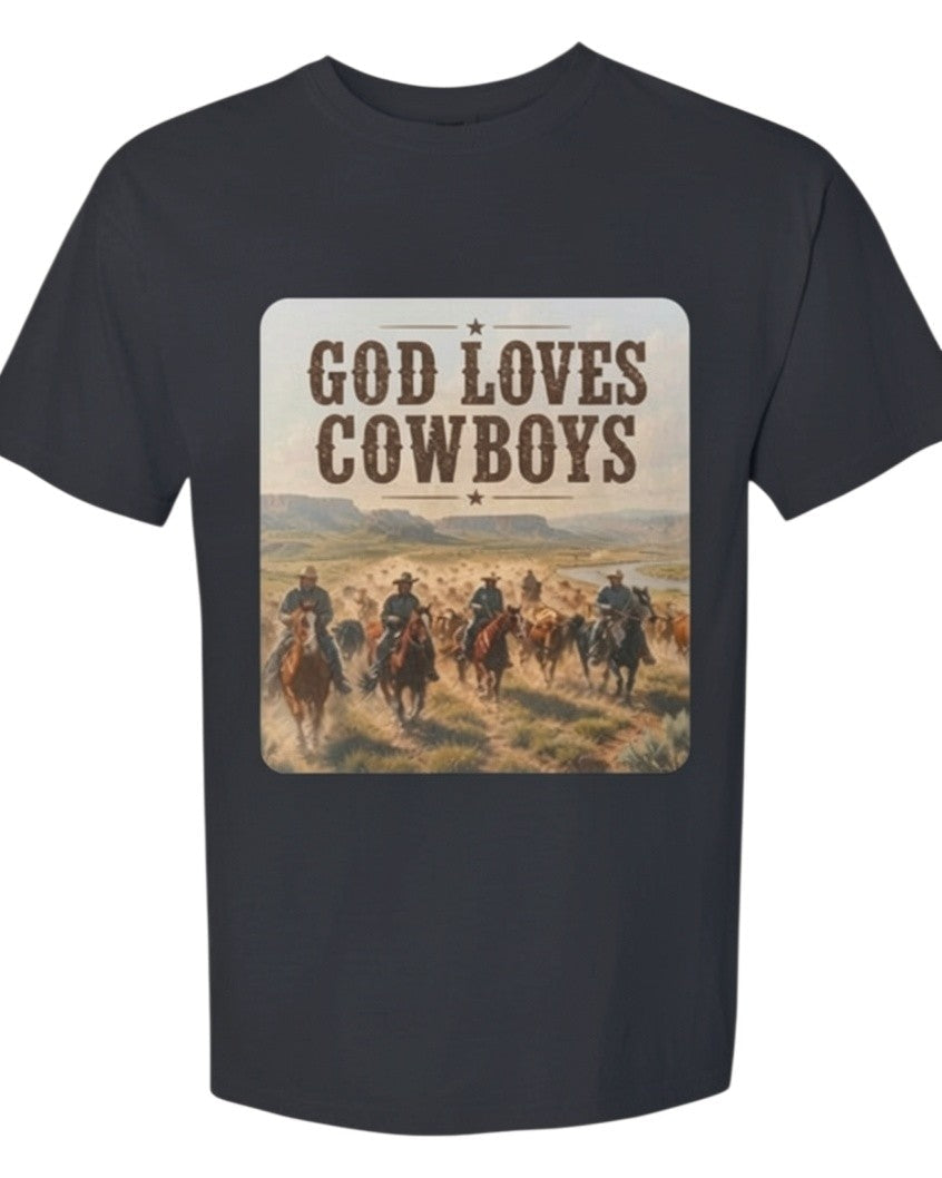 Americana God Loves Cowboys graphic crewneck t-shirt in charcoal grey featuring a western cattle drive print