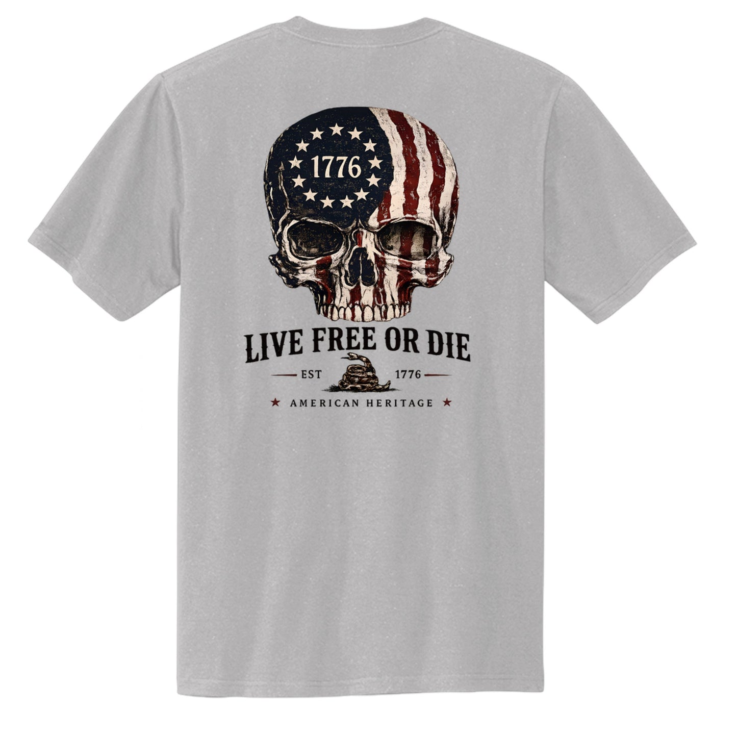 Americana grey cotton chore tee featuring a back graphic of a skull with an American flag and 1776 Live Free or Die