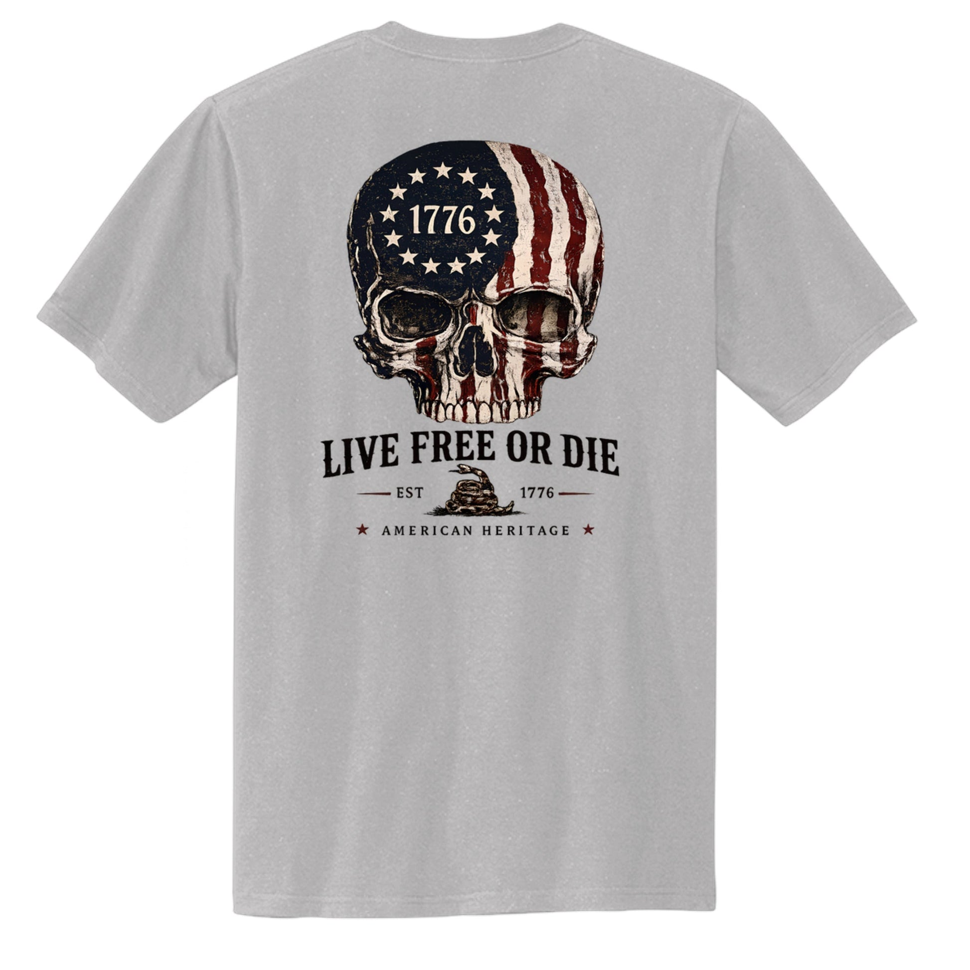 Americana grey cotton chore tee featuring a back graphic of a skull with an American flag and 1776 Live Free or Die